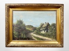 Danish School : A thatched cottage by a road, oil on canvas, 64 cm x 44 cm.