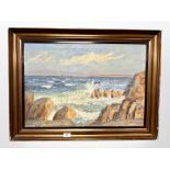 Danish School : Waves crashing against cliffs, oil on canvas, 64 cm x 44 cm.