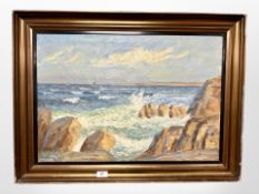 Danish School : Waves crashing against cliffs, oil on canvas, 64 cm x 44 cm.