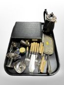 A group of boxed an unboxed EPNS cutlery together with a silver sifter, etc.