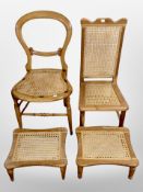 Two cane seated chairs and a pair of stools