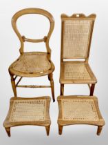 Two cane seated chairs and a pair of stools