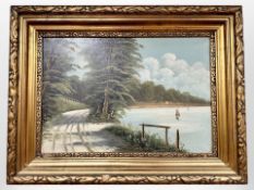 Danish School : A path by a lake, oil on canvas, 64 cm x 44 cm.