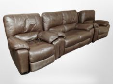 A brown stitched leather three piece lounge suite