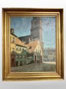 Danish School : A cobbled street with bell tower, oil on canvas, 57 cm x 47 cm.