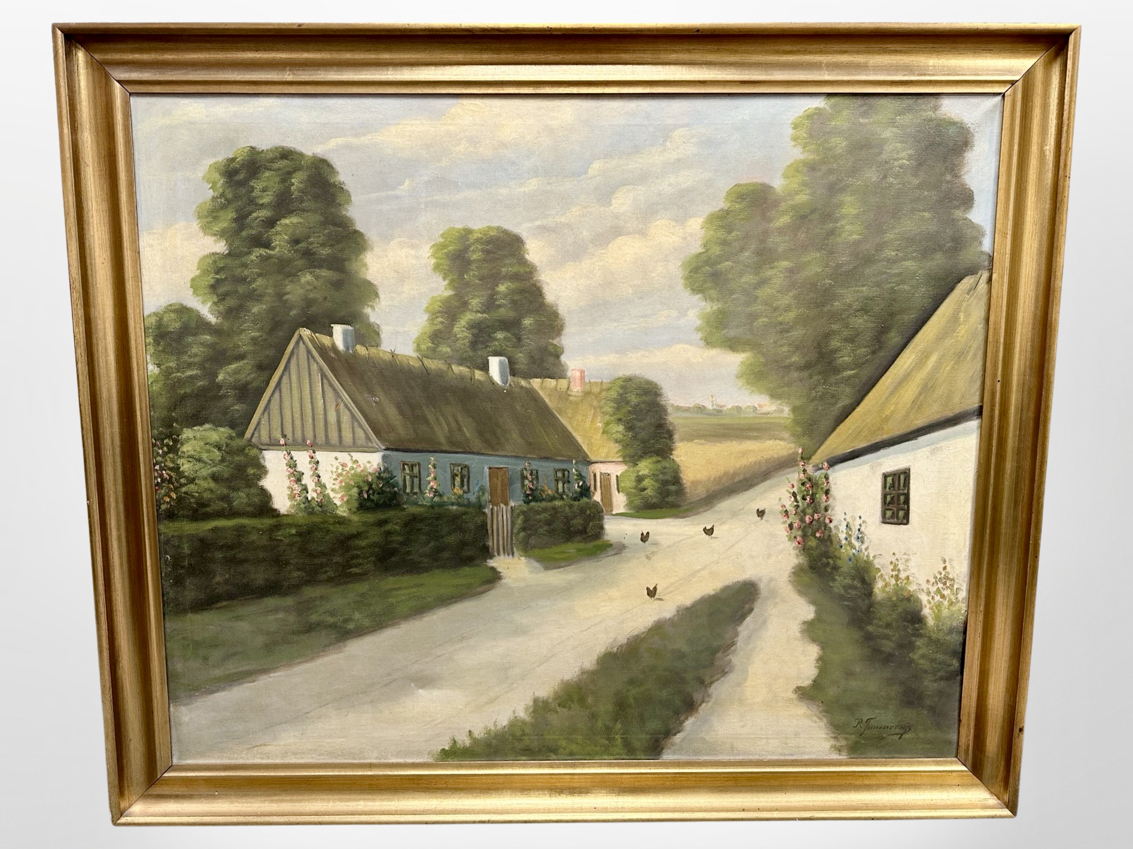 Danish School : A village road with poultry, oil on canvas, 109 cm x 88 cm.