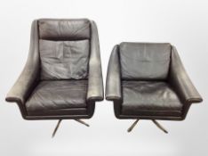 A late 20th century Danish black stitched leather swivel armchair on chrome support and further
