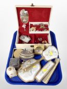 Jewellery box and assorted costume jewellery, dressing table brush set,