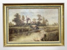 Twentieth Century School : A man fishing in a lake with windmill beyond, oil on canvas,