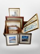 A box of pictures and prints, hardwood framed mirror,