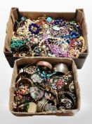 Two boxes of assorted costume jewellery, bangles,