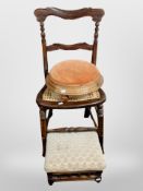 A cane seated chair and two Victorian footstools