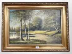 Danish School : A river through a forest, oil on canvas, 63 cm x 43 cm.