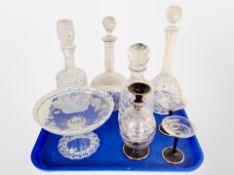 A group of crystal decanters, a gilt spiral twist decanter and pair of matching cocktail glasses,