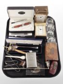 A tray of cutlery, two cased Quartz time pieces, pen in presentation box, pipe, whiskey hip flask,