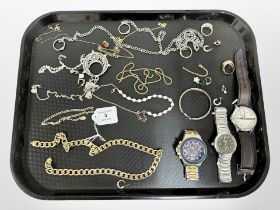 A collection of costume jewellery, three Gent's watches, chunky gold plated chain, dress rings etc.