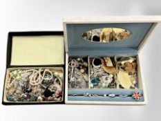 Two jewellery boxes containing costume jewellery, dress rings, necklaces.
