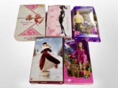 Five boxed Barbie dolls including Daphne and Scooby Doo Victorian ice skater, Beauty and the Beast,