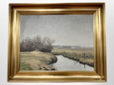 Danish School : A stream with fields beyond, oil on canvas, 58 cm x 44 cm.