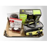 A box of new retail stock items - Bottle of pink port, Ryobi tool in bag,