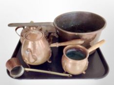 A 19th century copper and cast iron cooking pan, together with a kettle, coffee pot,