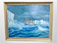 Continental School : three masted ship in Arctic seas, oil on board,