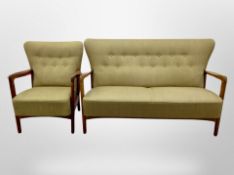 A 20th century Scandinavian beech framed two seater settee and matching armchair in buttoned olive