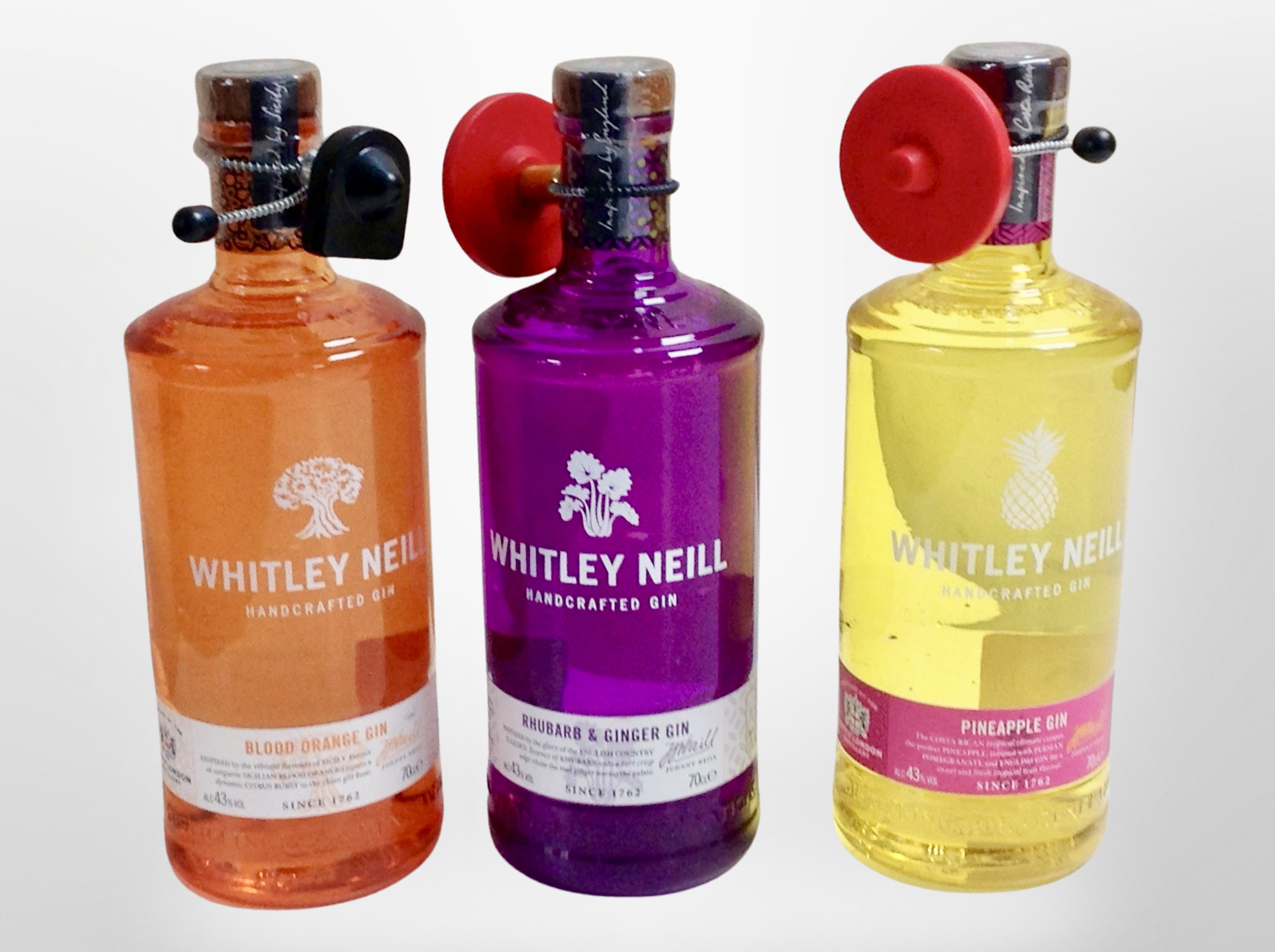 Three bottles of Whitley Neill handcrafted gin, each 70cl, 43% vol