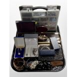 A group of costume jewellery, gold-plated bangle, two small silver lockets, purses, beadwork items.