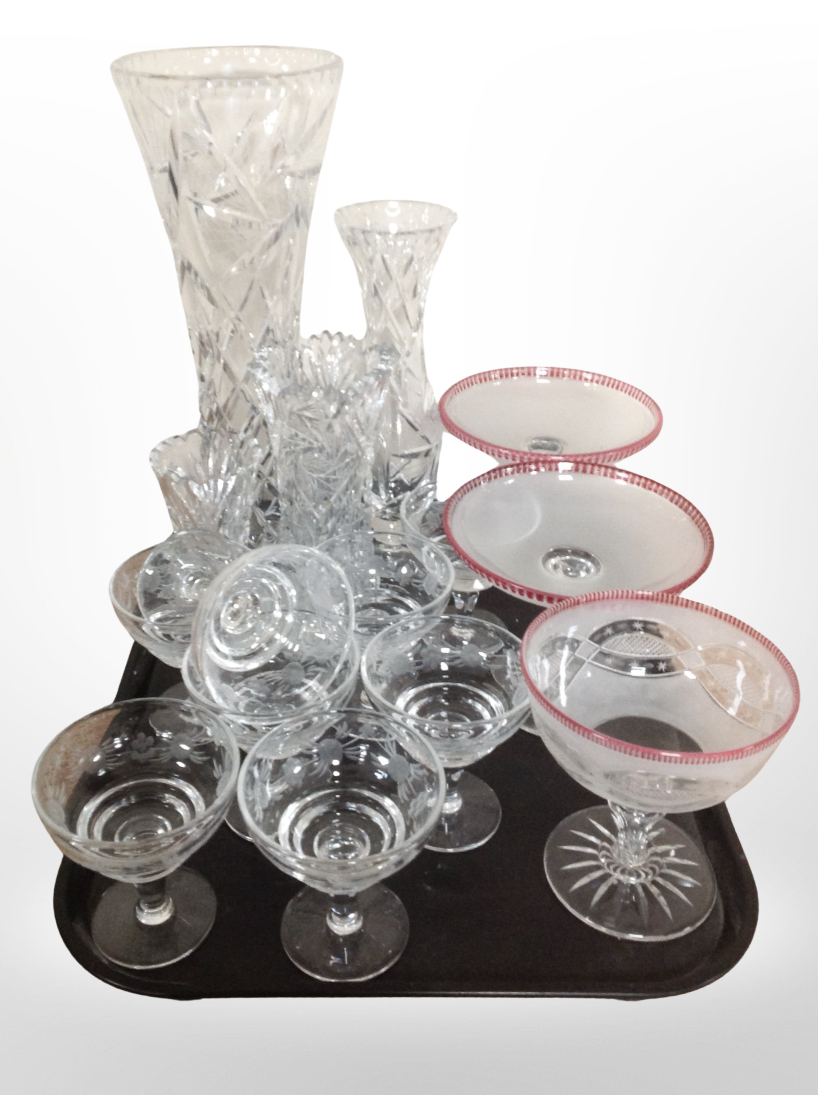 A set of 8 etched crystal glasses, 4 vases, 3 two-tone frosted glass pedestal bowls.