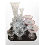 A set of 8 etched crystal glasses, 4 vases, 3 two-tone frosted glass pedestal bowls.