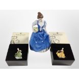 A Royal Doulton figure, Helen HN3601, and two further boxed Royal Doulton miniature ladies.