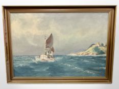 T Skougaard : Fishing boats by a headland, oil on canvas, 95cm x 65cm.