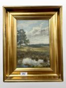 Danish School : A view across marshland, oil on canvas, 18cm x 27cm.