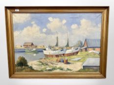 Danish School : Boats in a dock, oil on canvas, 96cm x 66cm.