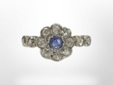 An antique yellow gold diamond and sapphire cluster ring, size F/G.