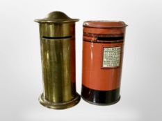 A Trench art brass ammo shell money box (containing coins),