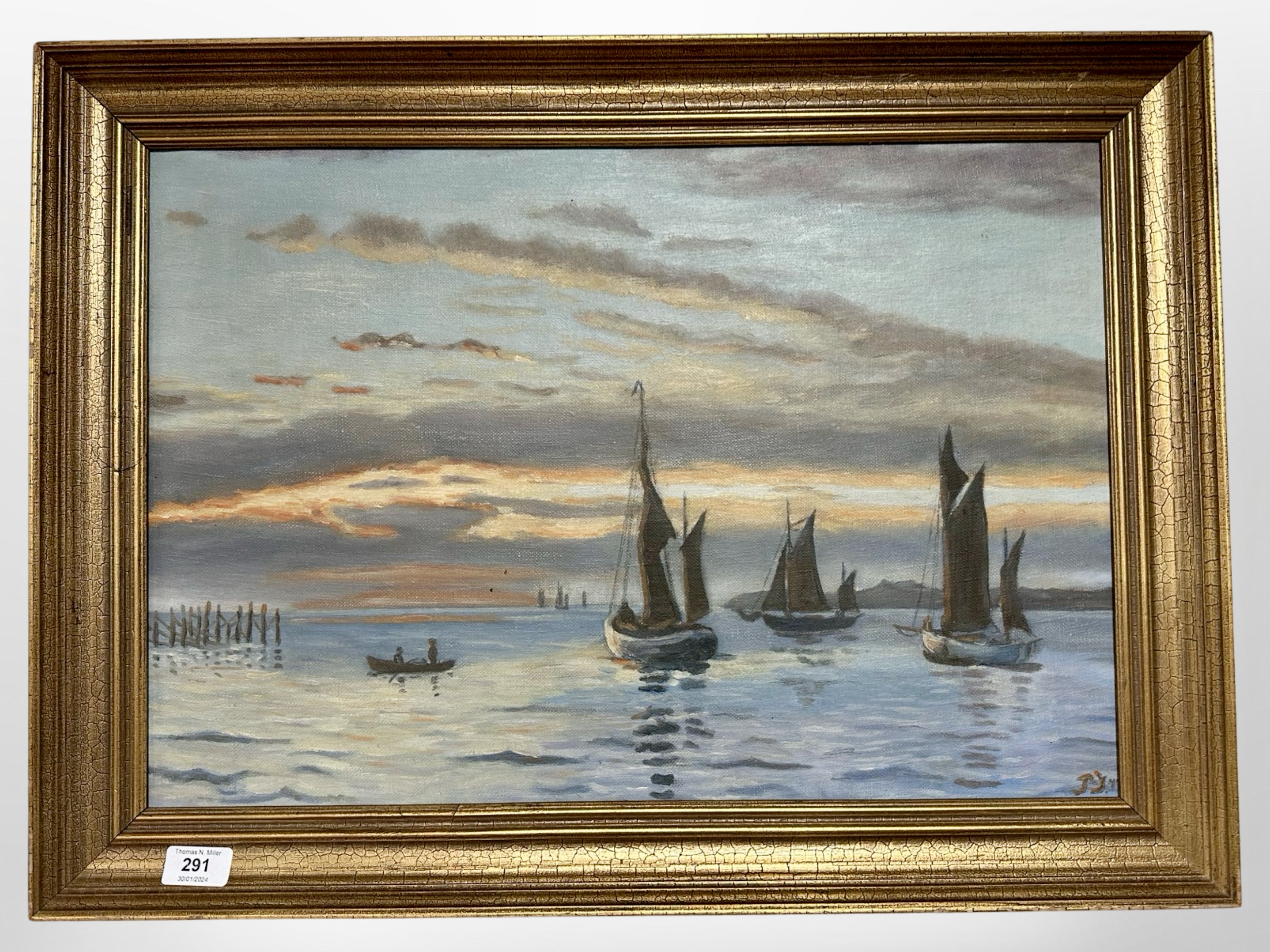 Danish School : Boats at sunset, oil on canvas, 56cm x 38cm.