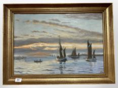 Danish School : Boats at sunset, oil on canvas, 56cm x 38cm.