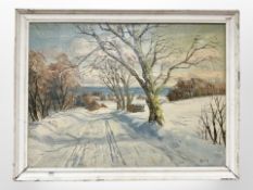 Danish School : A track towards a coast in snow, oil in canvas, 64cm x 46cm.