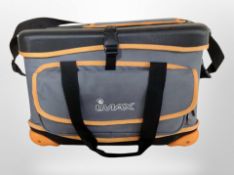 An Imax canvas fishing bag and contents to include spools of line, hooks, tools, etc.