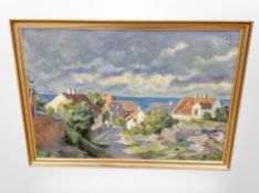 Danish School : A coastal village with sea beyond, oil on canvas, 95cm x 65cm.