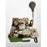 A box of plated wares, sifter, teapot, vintage brass horn.