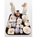 Two Nao figures, together with two Toby jugs, Portmeirion butter dish and cylindrical pot,