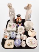 Two Nao figures, together with two Toby jugs, Portmeirion butter dish and cylindrical pot,