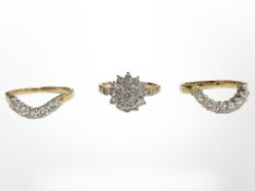 A suite of three 18ct yellow gold diamond cluster rings, size L.