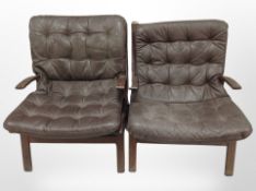 A pair of 20th century Danish brown stitched leather stained beech bentwood armchairs