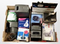 Two boxes containing household electricals, including Aiwa stereo speaker system, phones.