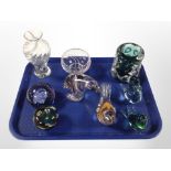 A group of glass paperweights modelled as birds, Caithness vase and bowl, etc.