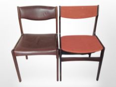 A 20th century Danish teak framed brown leather dining chair and further ebonized chair
